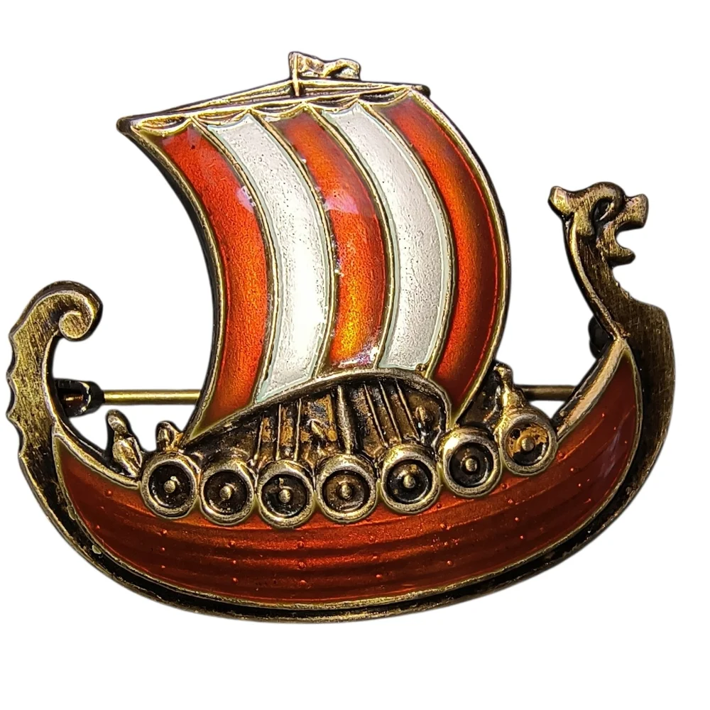 Ivar T Holth Norwegian Silversmith Sterling Silver Enamel Viking Ship Brooch